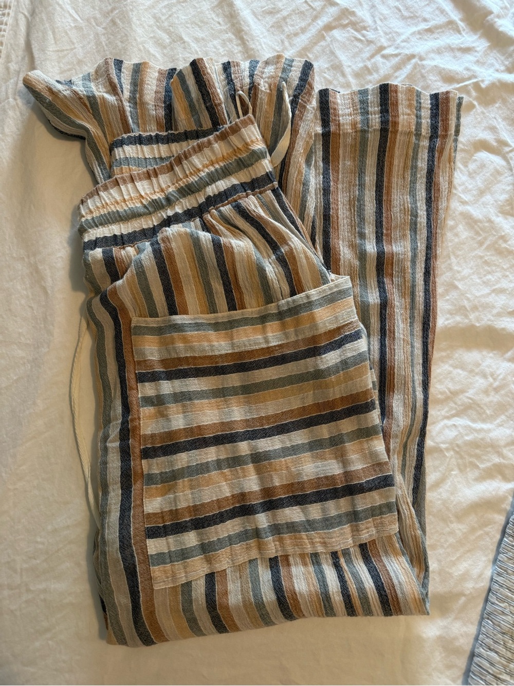 Free People Striped Linen-Blend pants in Blue, Tan & Cream